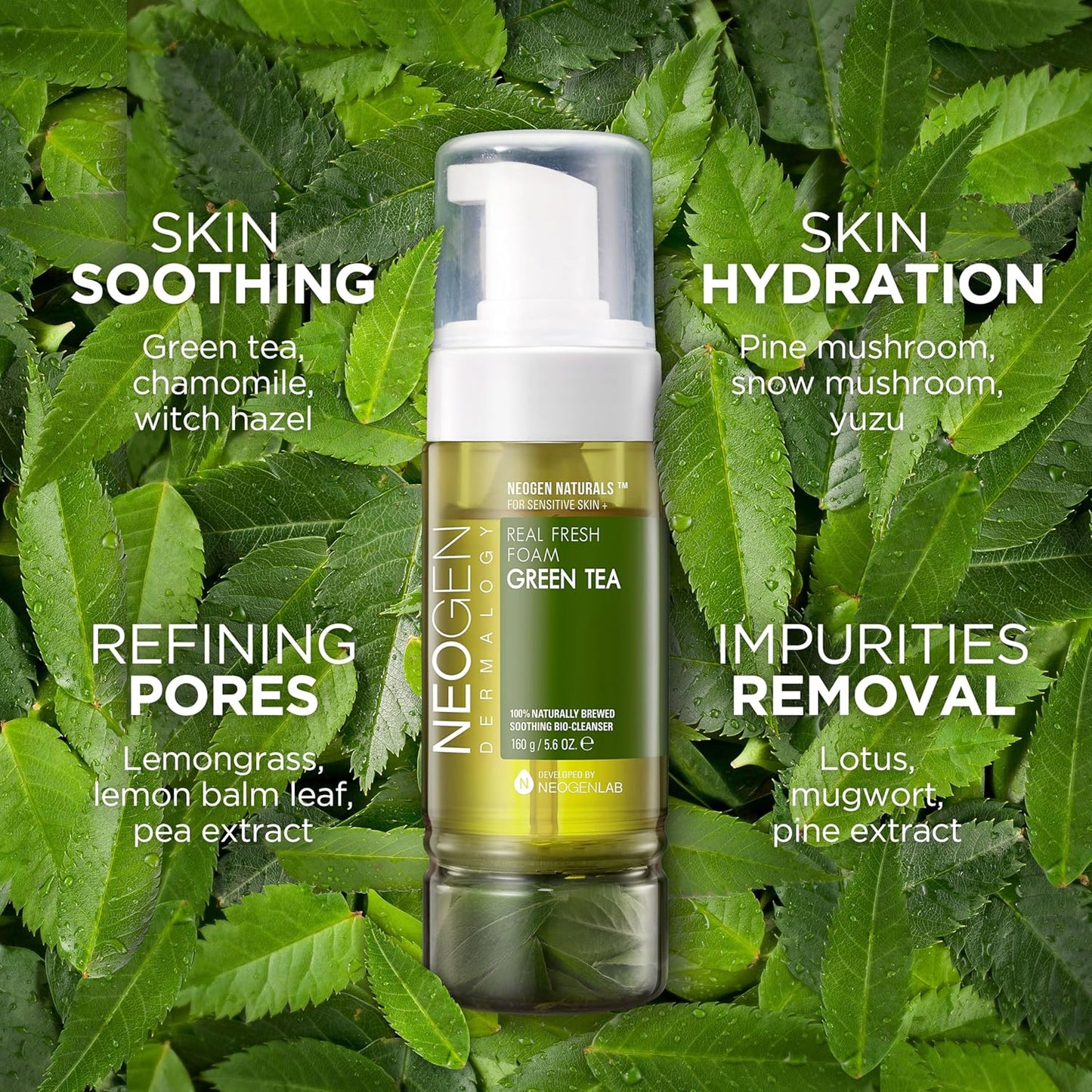 NEOGEN Real Fresh Foam Cleanser Green Tea | Gentle Korean Face Wash with Real Green Tea Leaves – Hydrating & Soothing Clean Beauty – 5.6 fl oz / 160g - T.E.R