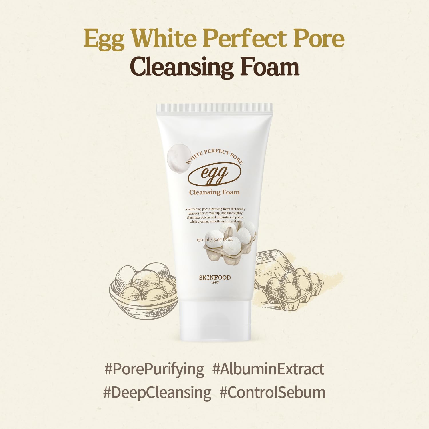 SKINFOOD Egg Perfect Pore Cleansing Foam 150ml | Egg Yolk & Albumin Deep Pore Cleanser | Smooth & Refine Skin | K - Beauty Facial Wash - T.E.R
