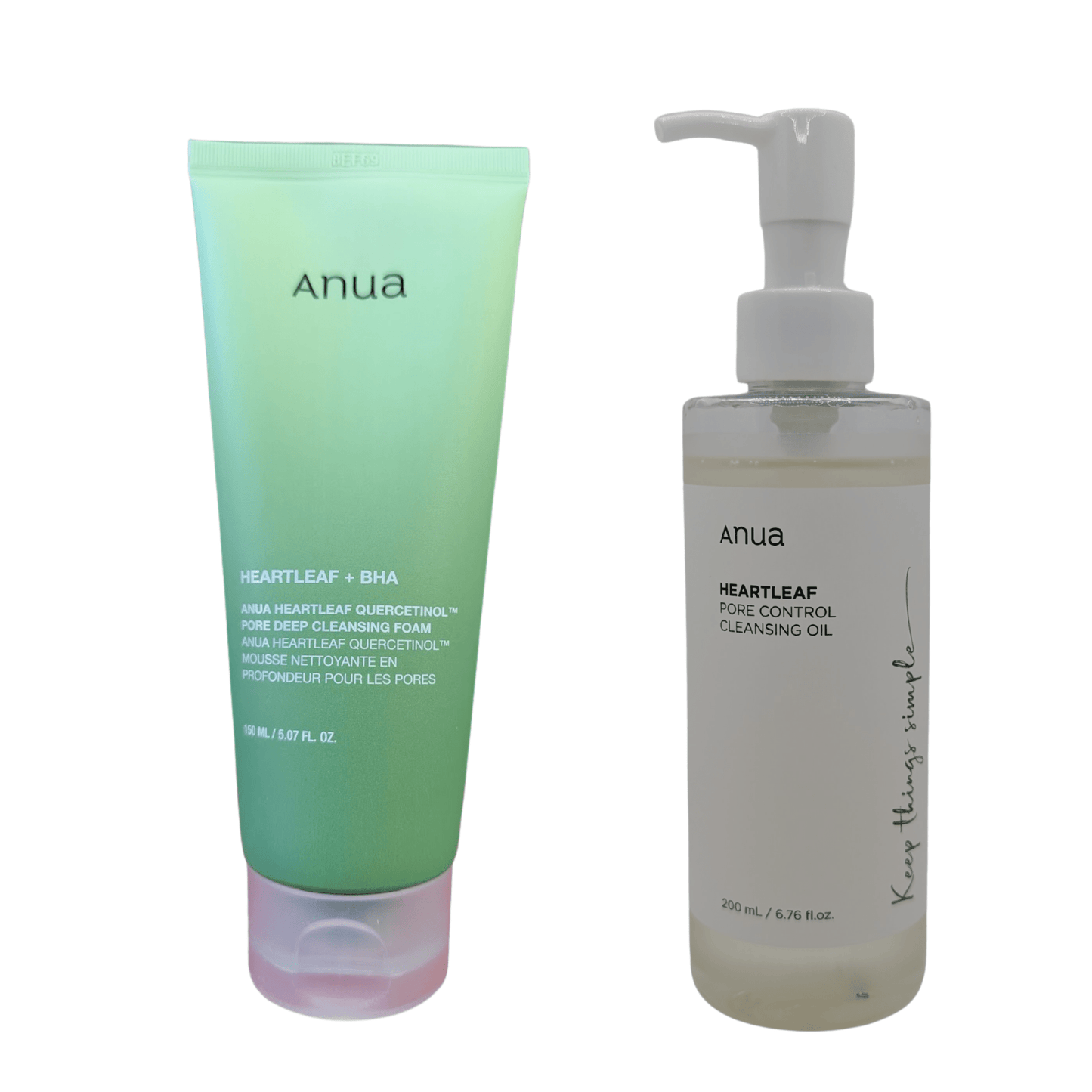 ANUA Heartleaf Cleansing Duo Set | Deep Pore Foam Cleanser 150ml + Mild Cleansing Oil 200ml for Sensitive Skin & Acne - Prone Skin - T.E.R