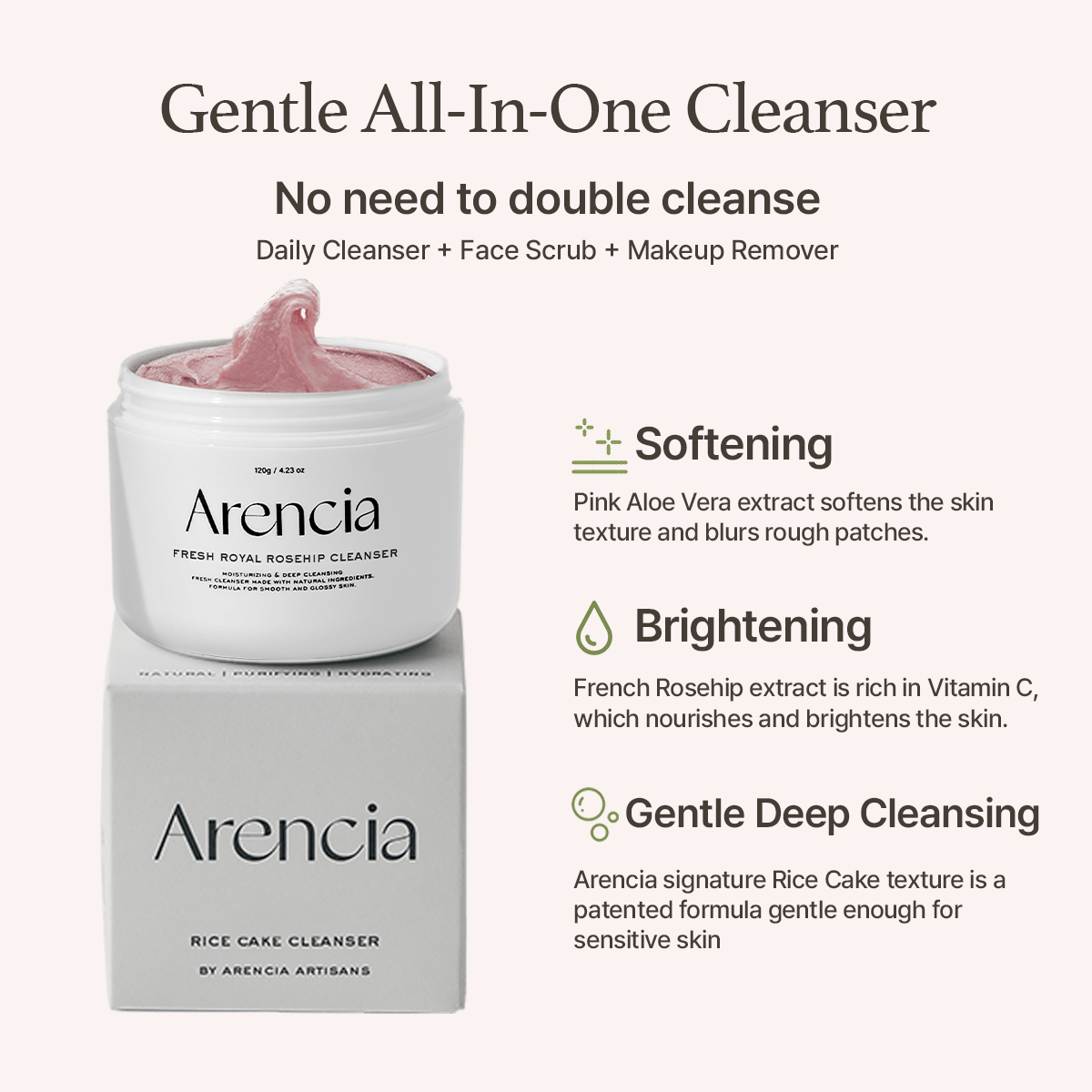 ARENCIA Fresh Rosehip Rice Mochi Cleanser | pH - Balanced Vegan Cream Cleanser for Dry & Sensitive Skin (120g) - T.E.R