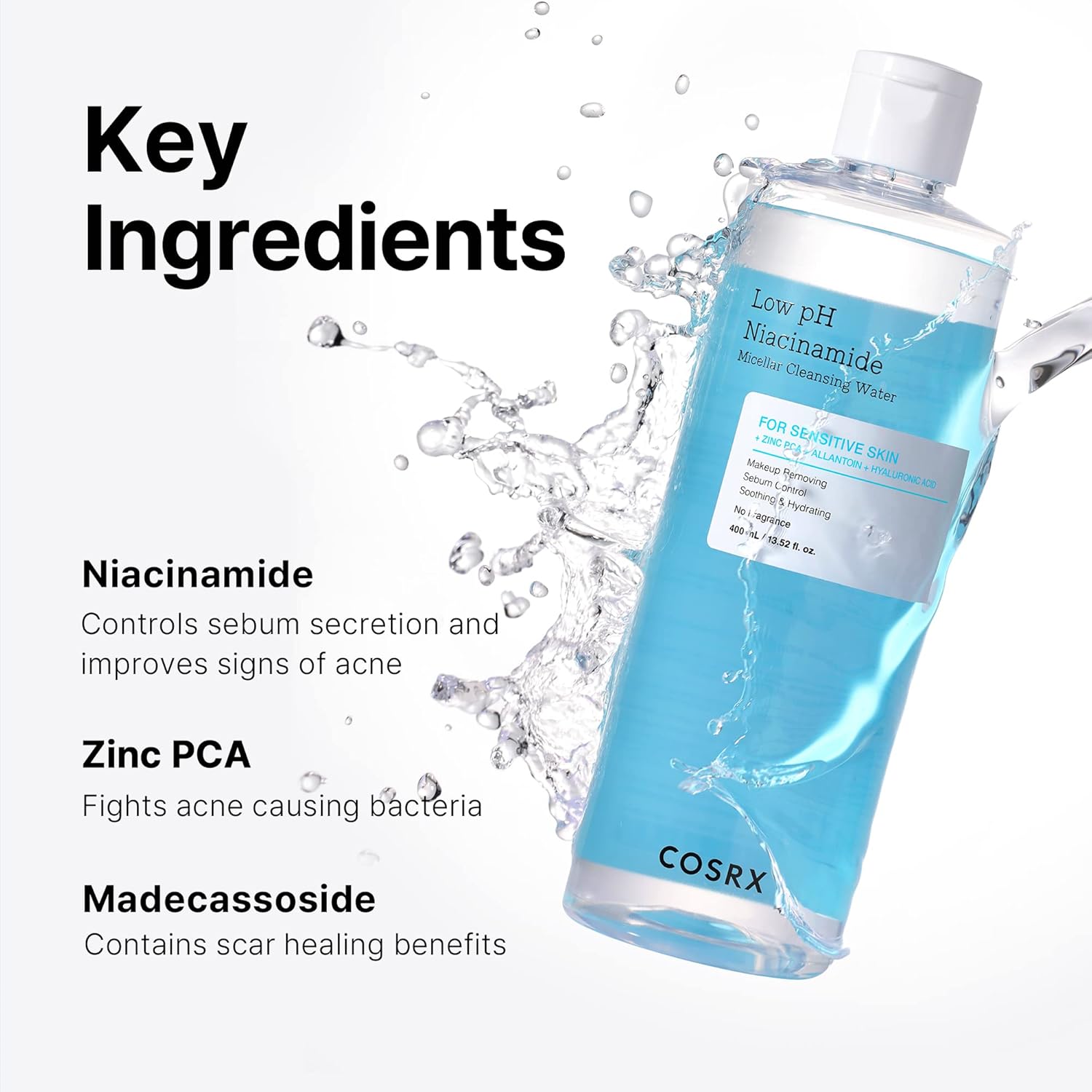 COSRX Low pH Niacinamide Micellar Cleansing Water | Gentle Makeup Remover & Daily Cleanser for Sensitive Skin, Sebum Control & Hydration (13.52 fl oz/400ml) - T.E.R