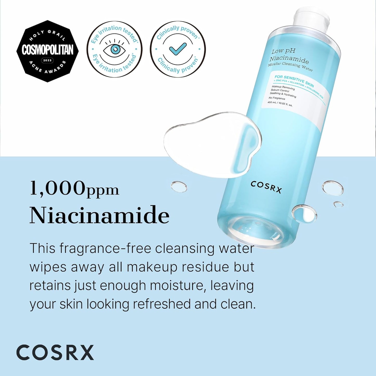 COSRX Low pH Niacinamide Micellar Cleansing Water | Gentle Makeup Remover & Daily Cleanser for Sensitive Skin, Sebum Control & Hydration (13.52 fl oz/400ml) - T.E.R