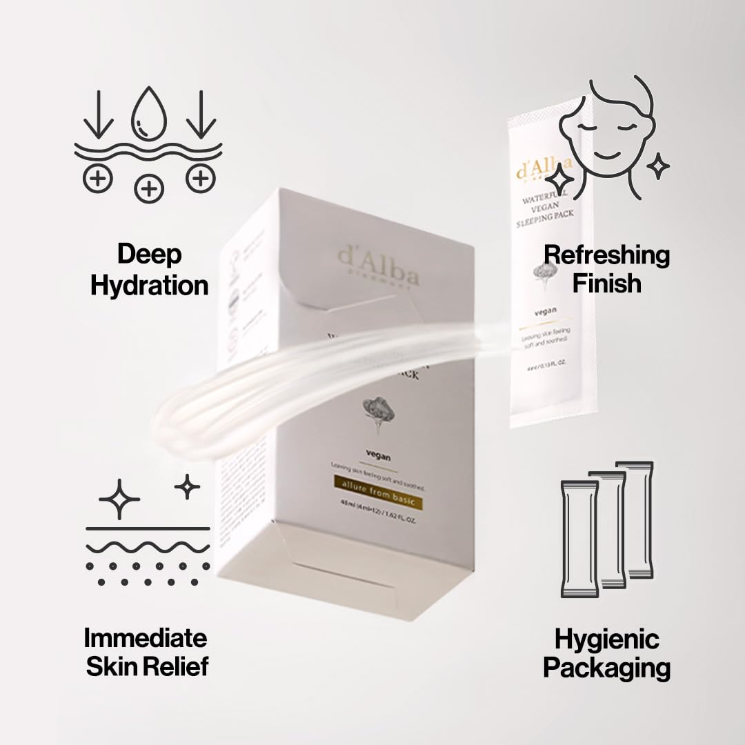 d'Alba Waterfull Vegan Sleeping Pack (4ml x 12ea) | Deep Hydration Overnight Mask for Plump, Dewy Skin | K - Beauty Travel & Trial Set - T.E.R