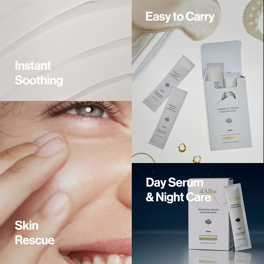 d'Alba Waterfull Vegan Sleeping Pack (4ml x 12ea) | Deep Hydration Overnight Mask for Plump, Dewy Skin | K - Beauty Travel & Trial Set - T.E.R