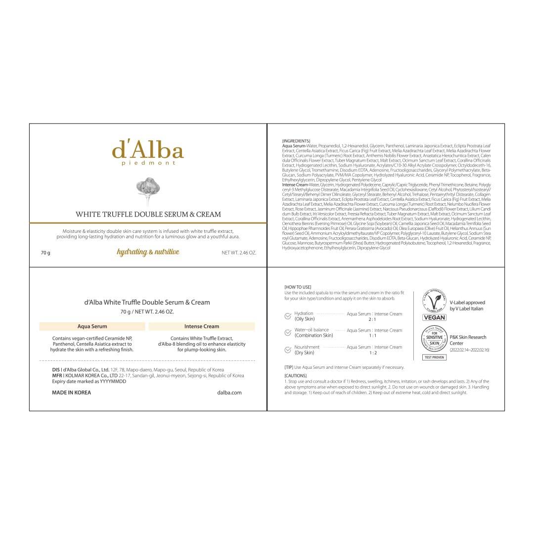d'Alba White Truffle Double Serum & Cream 70g | Intensive Dual - Phase Moisturizer for Radiance, Firmness & Deep Hydration | K - Beauty Bestseller - T.E.R