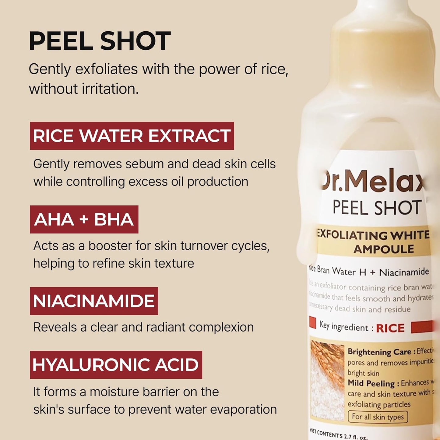 Dr. Melaxin Peel Shot Glow White Rice Ampoule | Dual - Action Rice Peel + Ampoule for Radiant, Smooth Skin - T.E.R