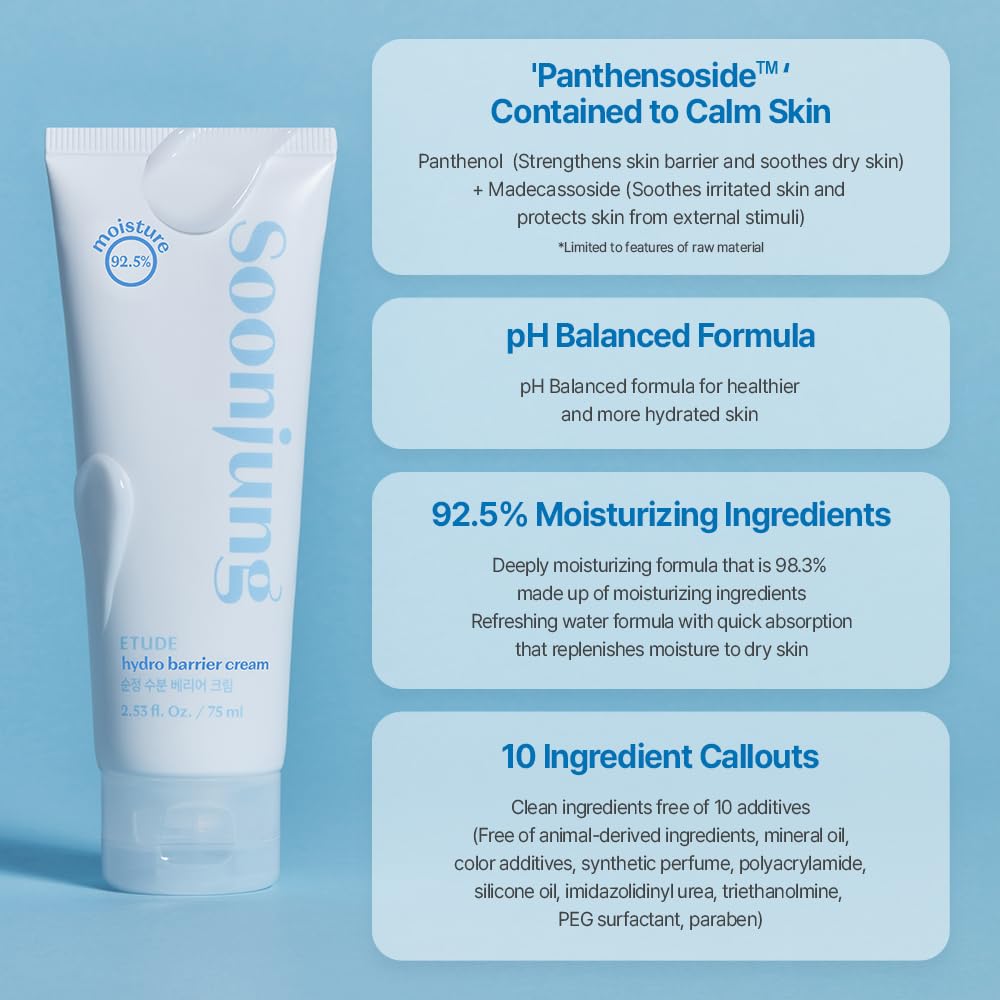 ETUDE SoonJung Hydro Barrier Cream 75ml | Lightweight Gel Moisturizer for Sensitive Skin – Deep Hydration, Barrier Repair, Panthenol & Madecassoside - T.E.R