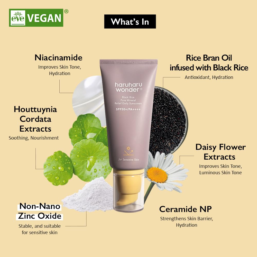 Haruharu Wonder Black Rice Pure Mineral Relief Daily Sunscreen SPF 50+ PA++++ | Lightweight, Hydrating, and Broad - Spectrum Protection for Sensitive Skin - T.E.R
