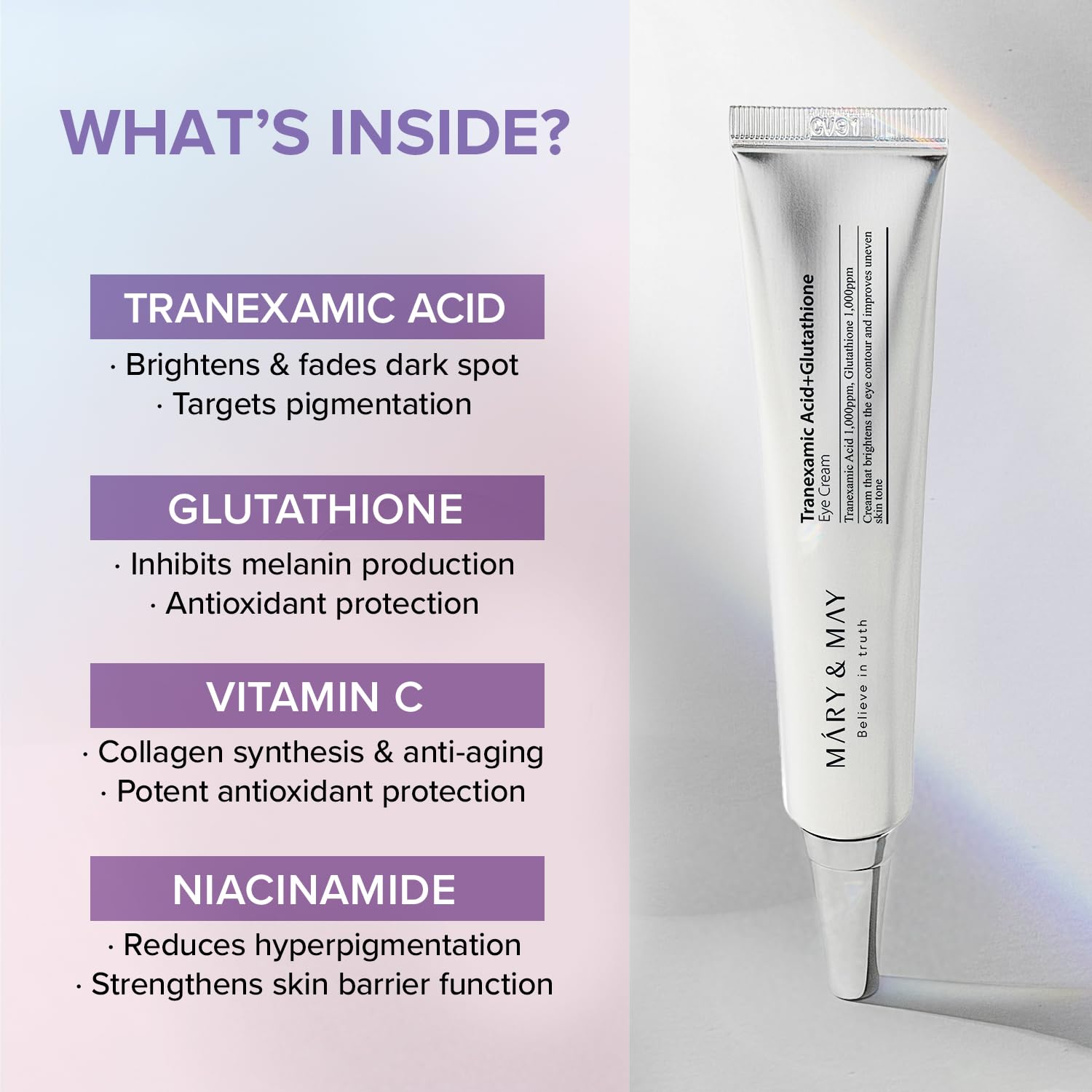 Mary & May Tranexamic Acid + Glutathione Eye Cream | Brightening & Anti - Pigmentation Formula for Dark Circles & Fine Lines - T.E.R