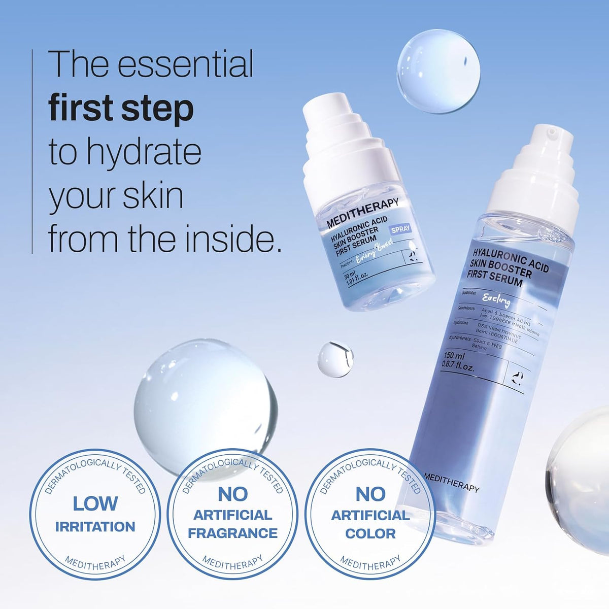 Meditherapy hyaluronic acid first serum - dermatologically tested, low irritation, no artificial fragrance or color, essential first hydration step