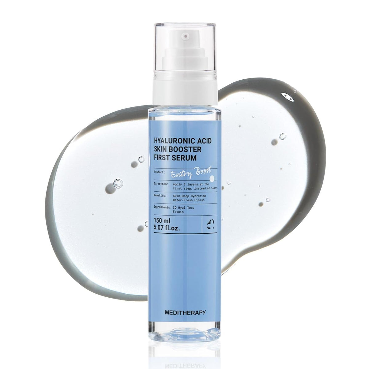 Meditherapy Hyaluronic Acid Skin Booster First Serum 150ml pump bottle with clear hydrating gel texture swatch - Korean first-step serum