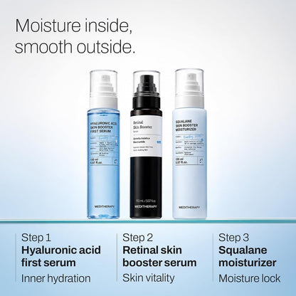 Meditherapy 3-step skin booster routine - hyaluronic acid first serum, retinal skin booster serum, and squalane moisturizer