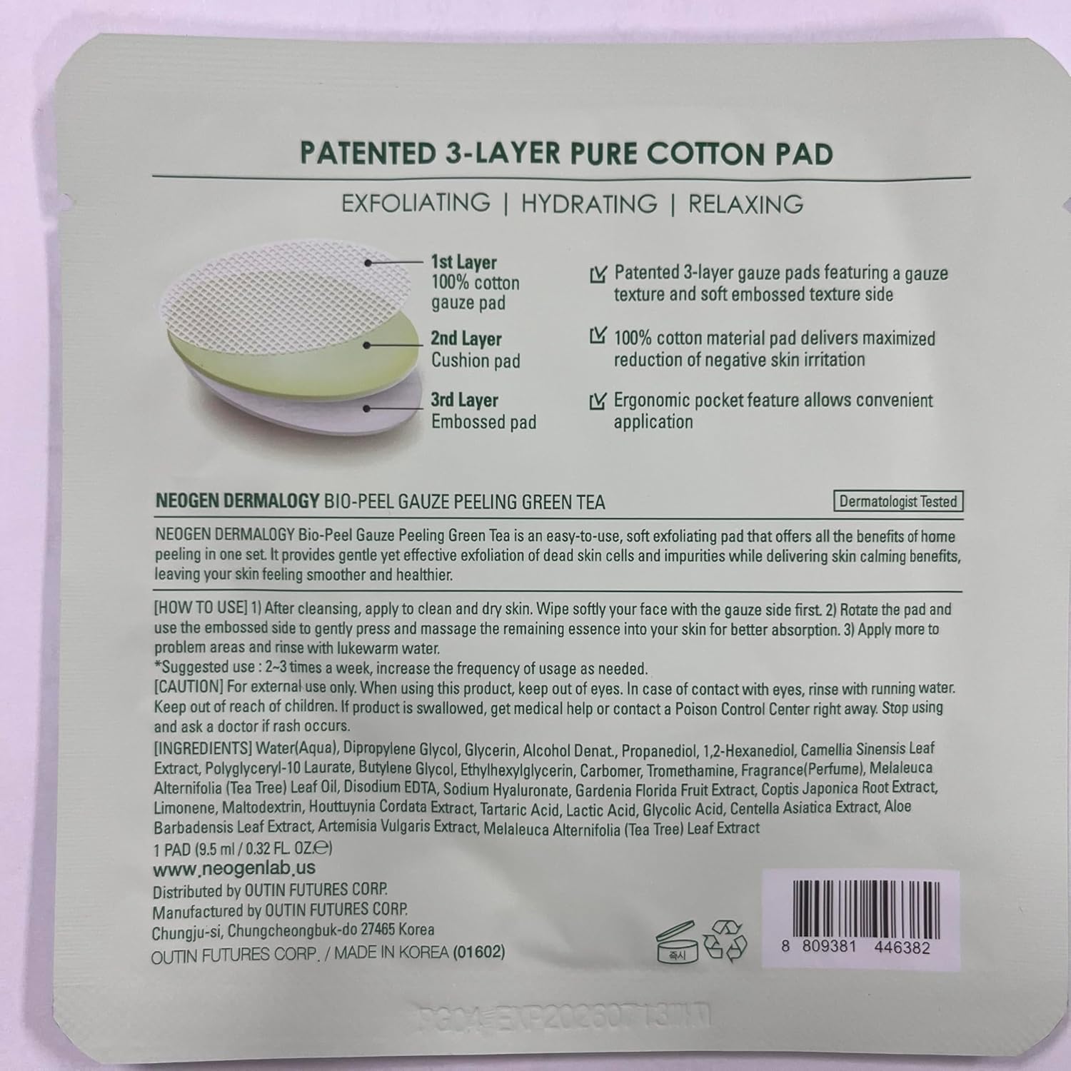 NEOGEN DERMALOGY Bio Peel Gauze Peeling Green Tea (8ea, 76ml) | Exfoliating & Calming Pads for Sensitive Skin | Korean Skincare - T.E.R
