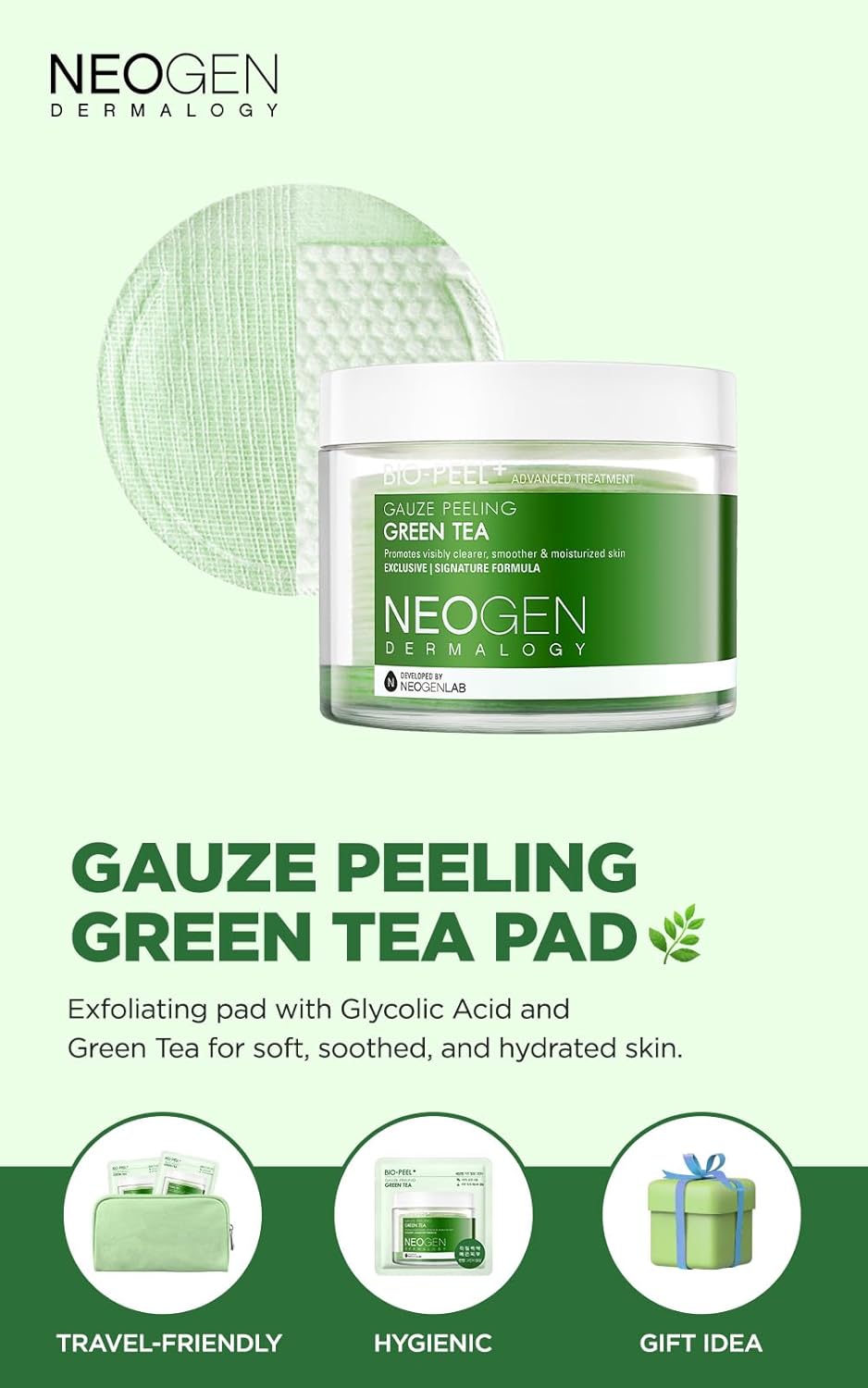 NEOGEN DERMALOGY Bio Peel Gauze Peeling Green Tea (8ea, 76ml) | Exfoliating & Calming Pads for Sensitive Skin | Korean Skincare - T.E.R