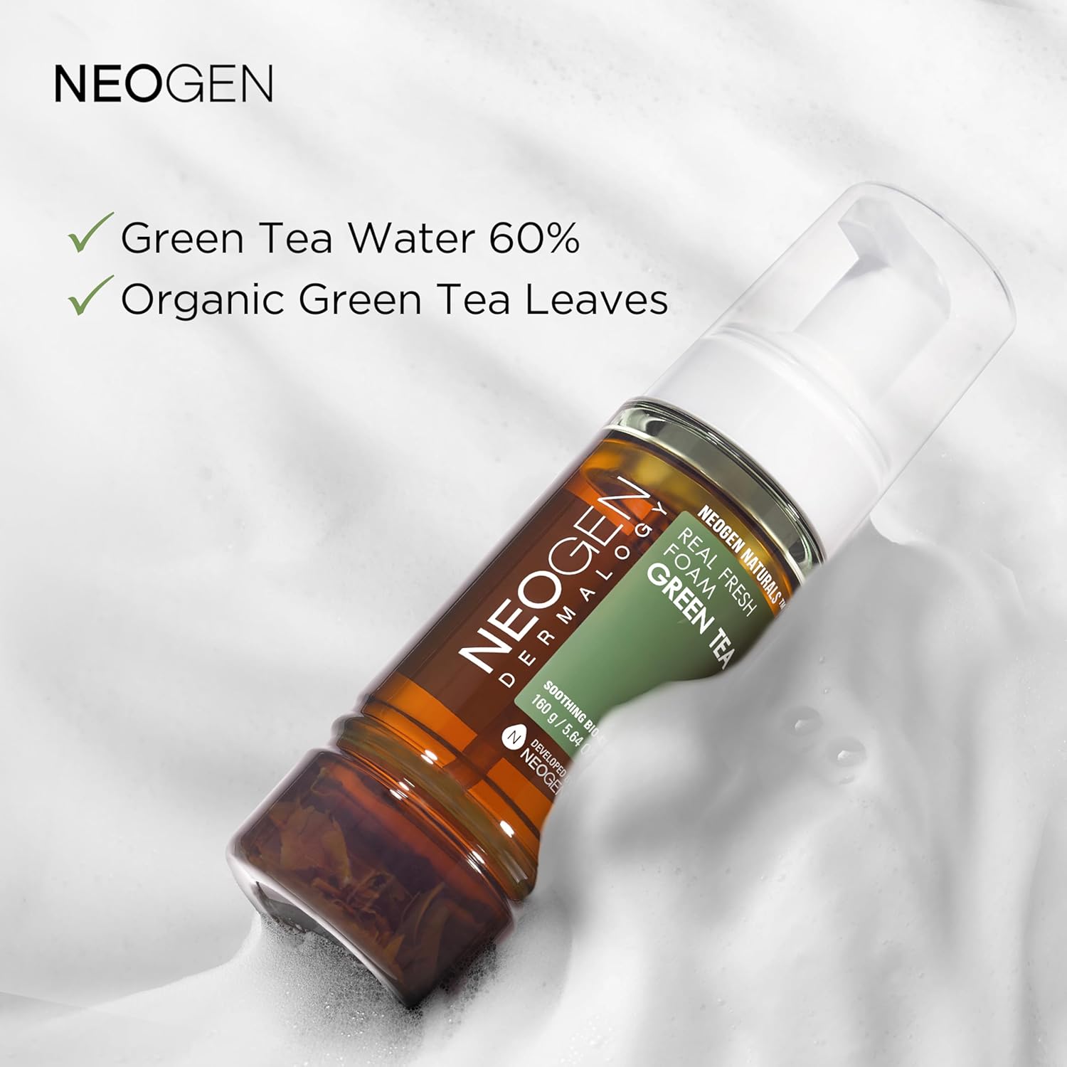 NEOGEN Real Fresh Foam Cleanser Green Tea | Gentle Korean Face Wash with Real Green Tea Leaves – Hydrating & Soothing Clean Beauty – 5.6 fl oz / 160g - T.E.R