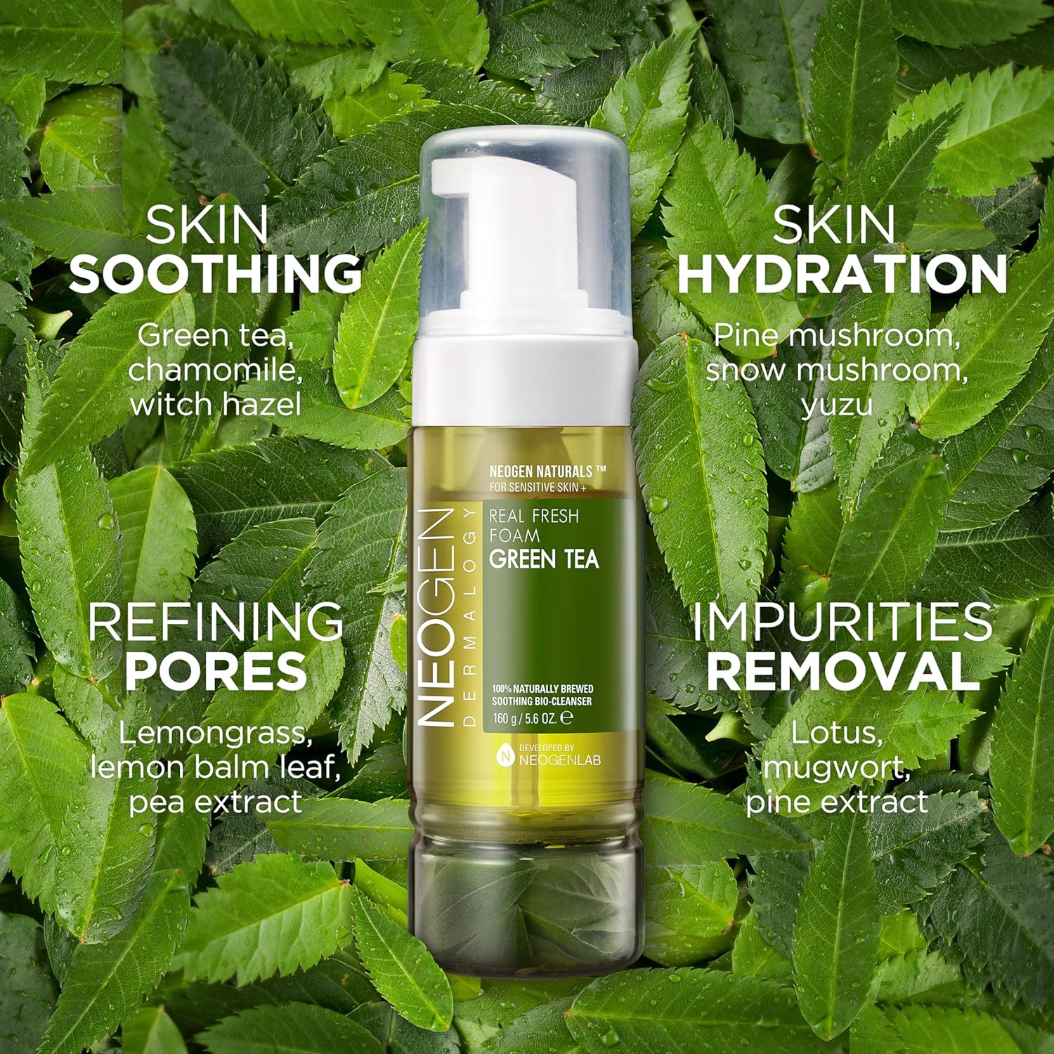 NEOGEN Real Fresh Foam Cleanser Green Tea | Gentle Korean Face Wash with Real Green Tea Leaves – Hydrating & Soothing Clean Beauty – 5.6 fl oz / 160g - T.E.R