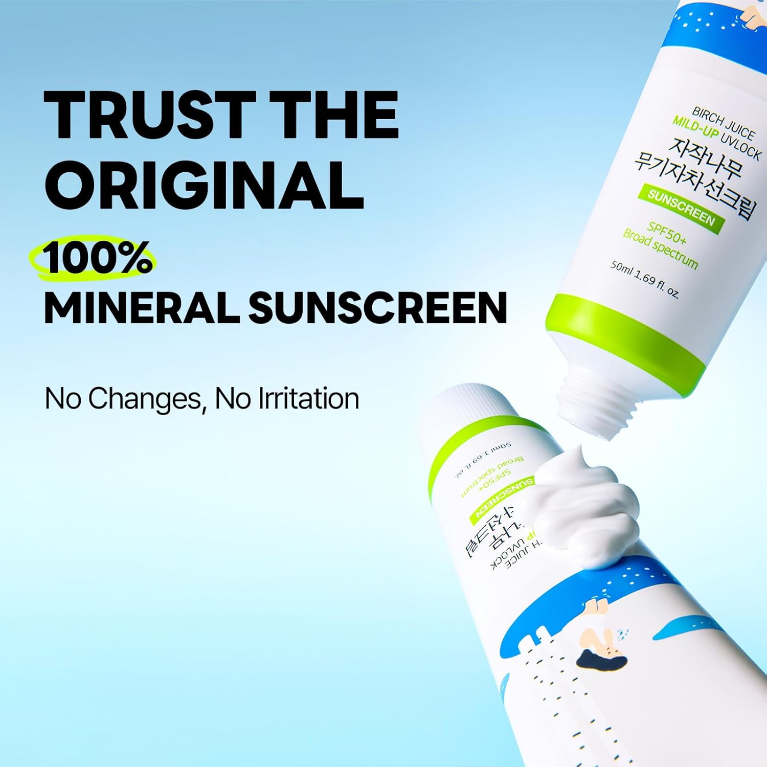 ROUND LAB Birch Juice Mild - up UVLock Mineral Sunscreen SPF 50+ PA++++ | Hydrating Zinc - Oxide Formula for Sensitive, Oily & Combination Skin - T.E.R