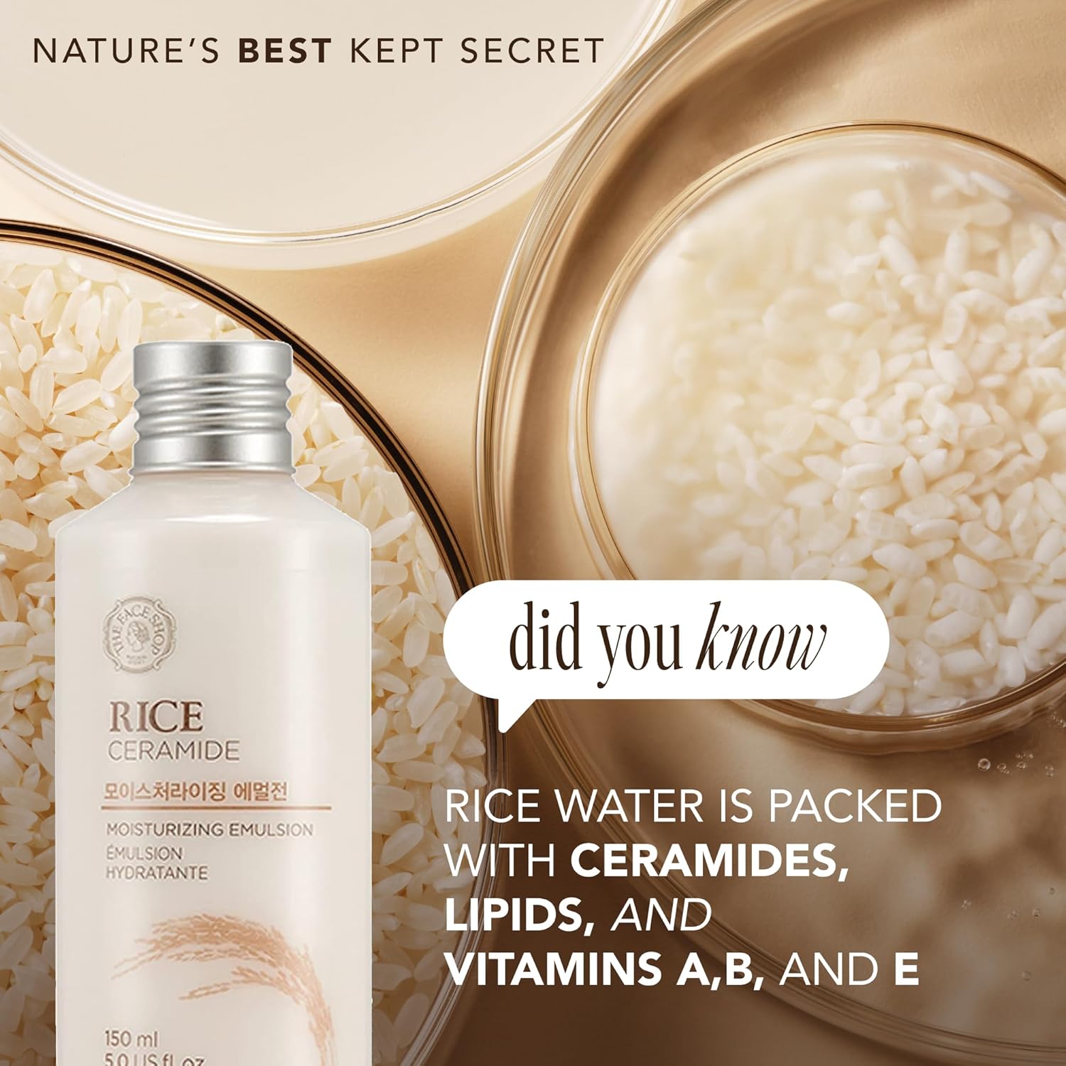 The Face Shop Rice Ceramide Moisturizing Emulsion | Lightweight Korean Moisturizer for Hydration & Brightening - T.E.R