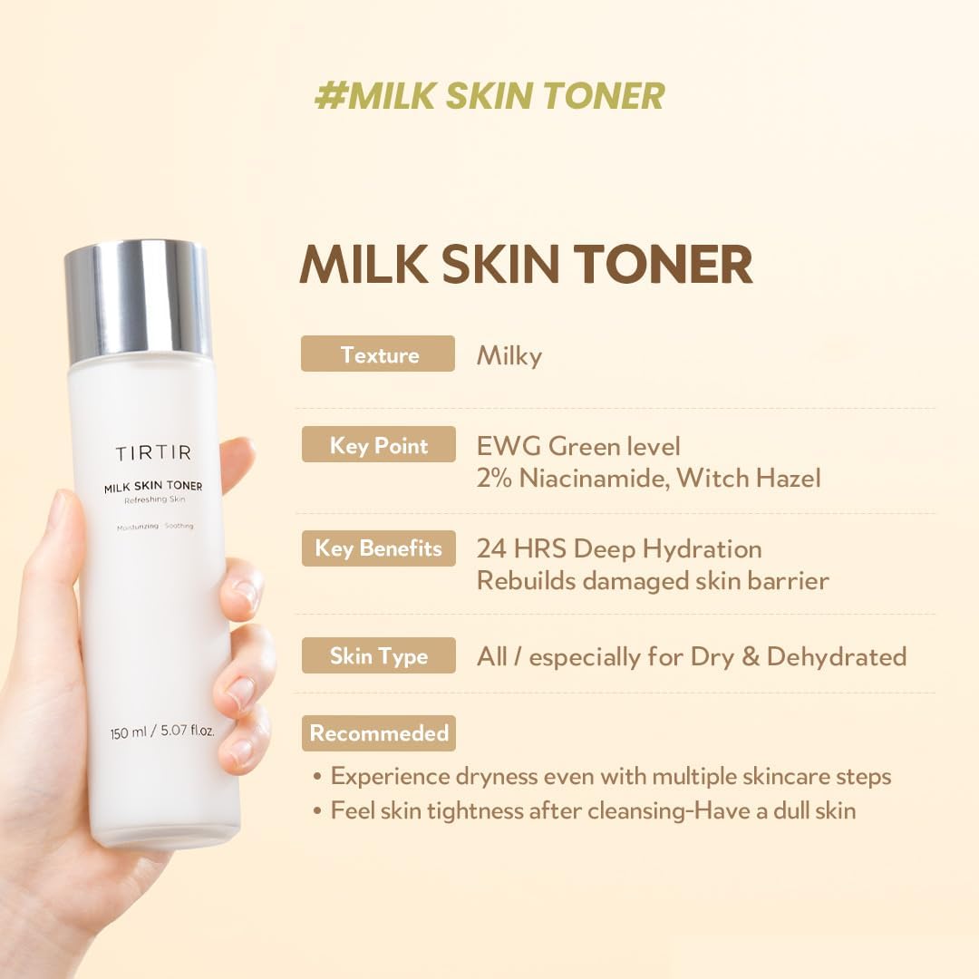 TIRTIR Milk Skin Toner Light 150 mL | Lightweight Hydrating Toner with 4% Niacinamide, Ceramide & Rice Extract for Glass‑Skin Glow - T.E.R