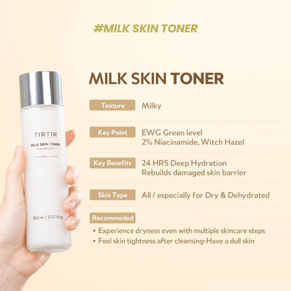 TIRTIR Milk Skin Toner Light 150 mL | Lightweight Hydrating Toner with 4% Niacinamide, Ceramide & Rice Extract for Glass‑Skin Glow - T.E.R