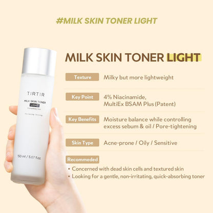 TIRTIR Milk Skin Toner Light 150 mL | Lightweight Hydrating Toner with 4% Niacinamide, Ceramide & Rice Extract for Glass‑Skin Glow - T.E.R