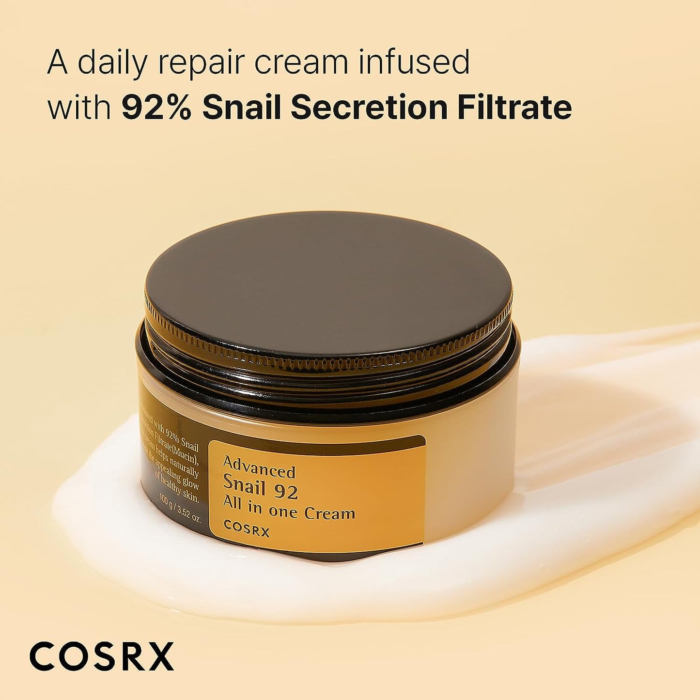 COSRX 달팽이 뮤신 92% 모이스처라이저 3.52 온스, 건성 피부, 민감성 피부용 데일리 리페어 페이스 젤 크림, 동물 테스트 안 함, 파라벤 없음, 황산염 없음, 프탈레이트 없음, 한국 스킨케어 (3.52 OZ/100g)